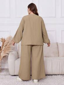 Mulvari 2 件套纯色系带长袖简约上衣和裤子套装，适合大码 2 件套