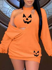 INAWLY 2 pièces/set Femme Sweat-shirt à manches longues imprimé citrouille et débardeur court, décontracté, automne