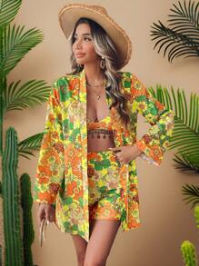 Travachic 3pcs Set: Floral Print Long Sleeve Jacket, Spaghetti Strap Camisole Top And Shorts, Casual Vacation Wear