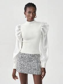 Chiquease Turtleneck Shiny Fabric Balloon Sleeve Form-Fitting Knit Sweater Knit Pullover Fall Winter Outfit