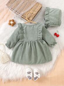 SHEIN Baby Girl Refreshing Green Ribbed Ruffle Trim Long Sleeve Dress And Hat Set - Mint Green - View 2