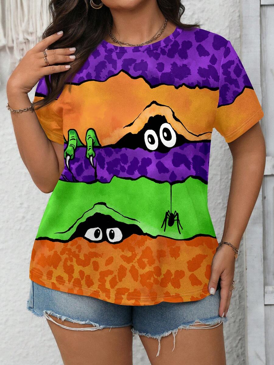 EMERY ROSE Halloween Kostüme versteckter kleiner Monster Spinnen buntes gestreiftes Muster Damen Sommer Rundhals Kurzarm Oversized T-Shirt Pullover Halloween Damen Kostüm