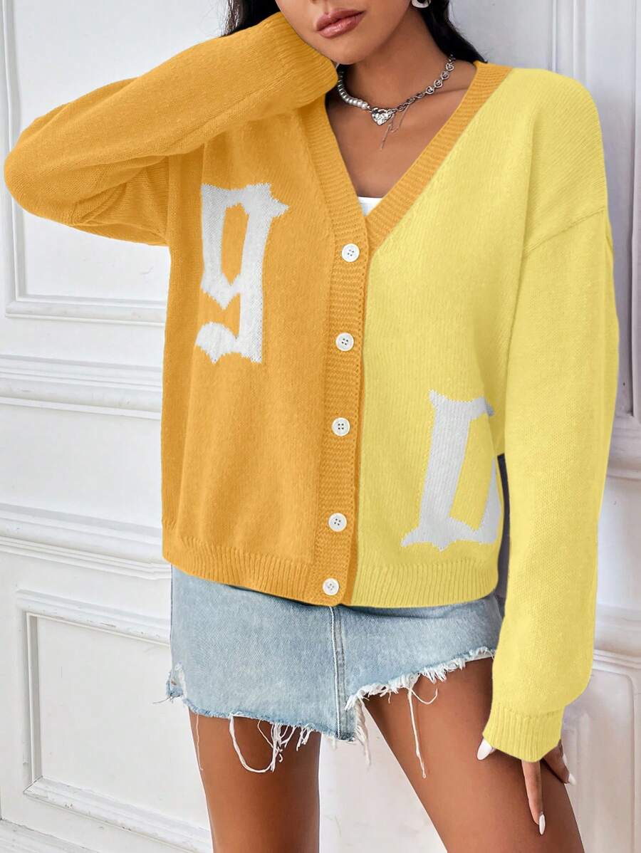 Chiquease Áo len cardigan họa tiết chữ màu đơn giản, thu/đông - Màu vàng - Xem 1