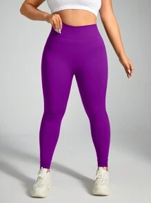 Easithlete Plus Size Solid Color Seamless High Waist Sports Pants, Suitable For Yoga - Purple - View 3
