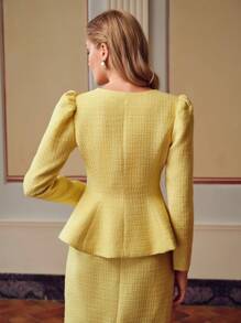 ZEYLAH TWEED SOLID SQUARE NECK RUFFLE HEM JACKET - Yellow - View 7