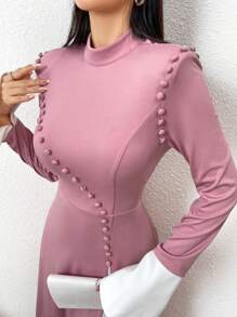 Modelyn 女士优雅拼色立领超长连衣裙，秋季长款晚礼服 - 彩色 - 查看 6
