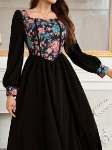 Mulvari 女式休闲花卉印花方领修腰简约长袖连衣裙，秋季