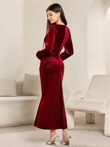 Modelyn Burgundy Red Women Elegant Daily V-Neck Pleated Waist Button Decorated Lantern Sleeve Mid-Length Dress, Autumn