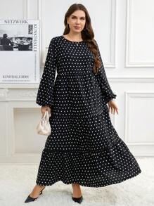 SHEIN Clasi 大码女式优雅泡泡袖 A 字型波尔卡圆点连衣裙，适合办公室穿着和教师装 - 黑與白 - 查看 3