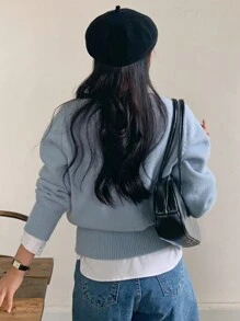 DAZY 女式 V 领宽松长袖纯色毛衣、休闲装、秋装 - 藍色 - 查看 5