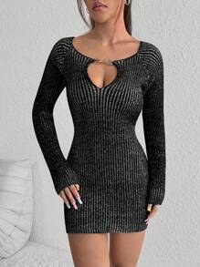 SHEIN Unity Women's Simplet Daily Long Sleeve Backless Dress With Chest Cutout - Black - View 5