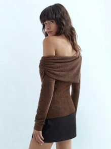 Maija Áo thun nữ tay dài cổ lệch dáng ôm đơn giản, thanh lịch, màu trơn, thích hợp cho mùa thu, ngày lễ tình nhân, lãng mạn, thời trang, đa năng, phù hợp cho kỳ nghỉ hè, thoải mái, phong cách bohemian, mặc đi biển. - Cà phê nâu - Xem 5