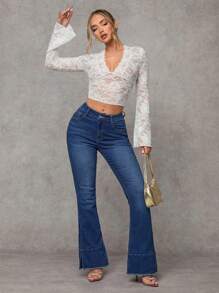 SHEIN Essnce Quần Jeans Ống Loe Ôm Ôm Co Giãn Màu Xanh Cho Nữ - Màu xanh lam - Xem 5