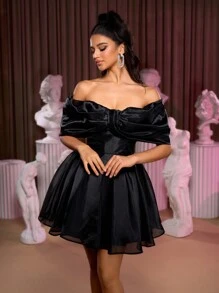 Lovelzi Elegant Romantic Classic Black Organza Fabric Big Bow Sleeves One Shoulder Puffy Skirt Back Strap Party Dance Evening Halloween Formal Prom Dress, Semi Formal Dress, For Birthday, Wedding Guest, Graduation Homecoming - Black - View 5