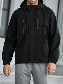Manfinity Homme Áo khoác trùm đầu có dây rút màu trơn thường ngày cho nam, mùa thu - màu đen - Xem 1