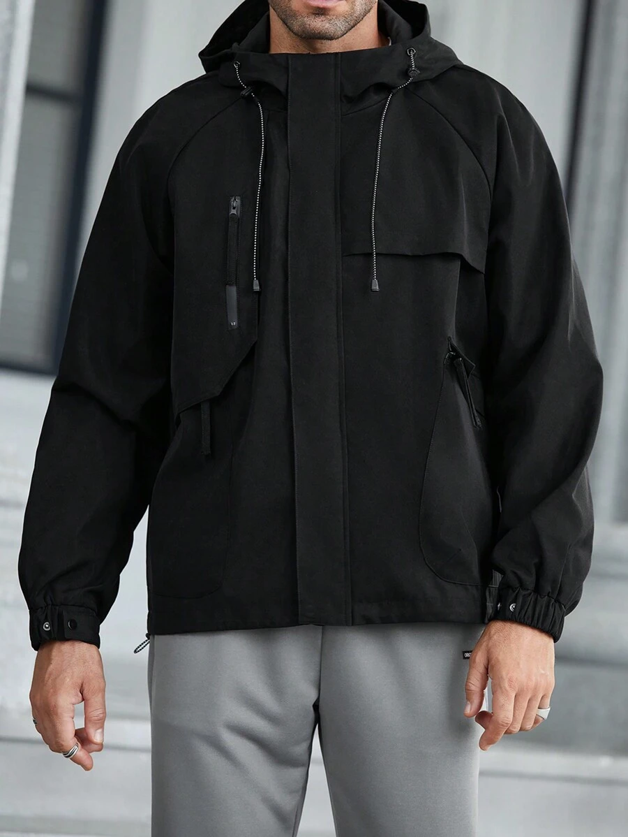 Manfinity Homme Áo khoác trùm đầu có dây rút màu trơn thường ngày cho nam, mùa thu - màu đen - Xem 1