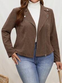 SHEIN LUNE Plus Size Brown Suede Leather Moto Jacket With Metal Button Decor - Brown - View 1