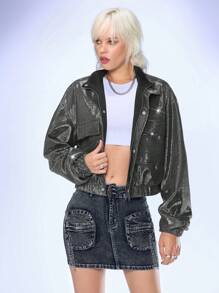 Manfinity VCAY Áo khoác bomber dệt kim mỏng vừa vặn, cổ bẻ ngắn, trong suốt, dành cho nam, mùa thu đông - Bạc - Xem 3