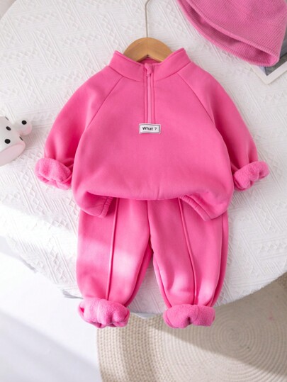 SHEIN 2 sztuki bluzy z nadrukiem i stójką dla dziewczynki, swobodny zestaw ze spodniami w pasie i napisem, jesień/zima