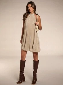 SHEIN BAE 女士纯色拉链无袖简约短款休闲连衣裙 - 卡其色 - 查看 5