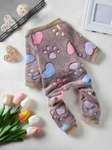 PETSIN 1pc Pet Paw Print Fleece Jumpsuit, Brown - Multicolor - View 2