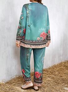 2pcs Plus Size Women Holiday Floral Print Loose Blouse And Wide-Leg Pants Set