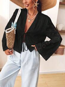 SHEIN VCAY Plus Size Women's Casual Solid Color Woven Long Sleeve Front Tie Detail Loose Shirt