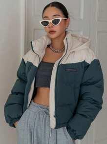 DAZY 双色字母贴片细节落肩连帽加厚口袋大衣，女士冬季大衣夹克