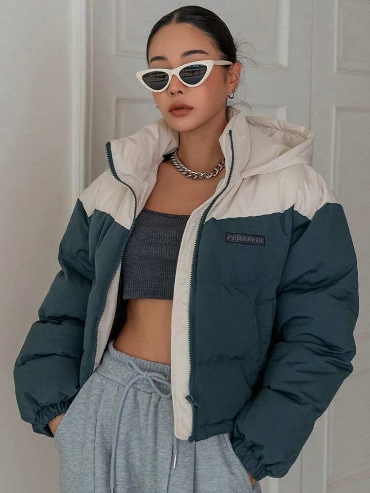 Two Tones Letter Patched Detail Drop Shoulder Hooded Padded Thick Pockets Coat, Women Winter Coat Jacket