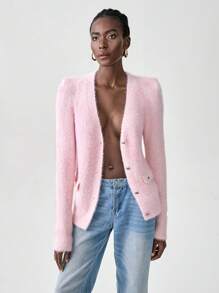 SHEIN Unity Cardigan de manga larga de cuello en V sencillo - Rosa Pálido - Ver 3