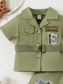 2 pezzi Set giacca e pantaloncini per bambini maschi, stile casual da esplorazione all'aperto con design a figura di animali, per primavera/estate - Verde militare - Visualizzare 3