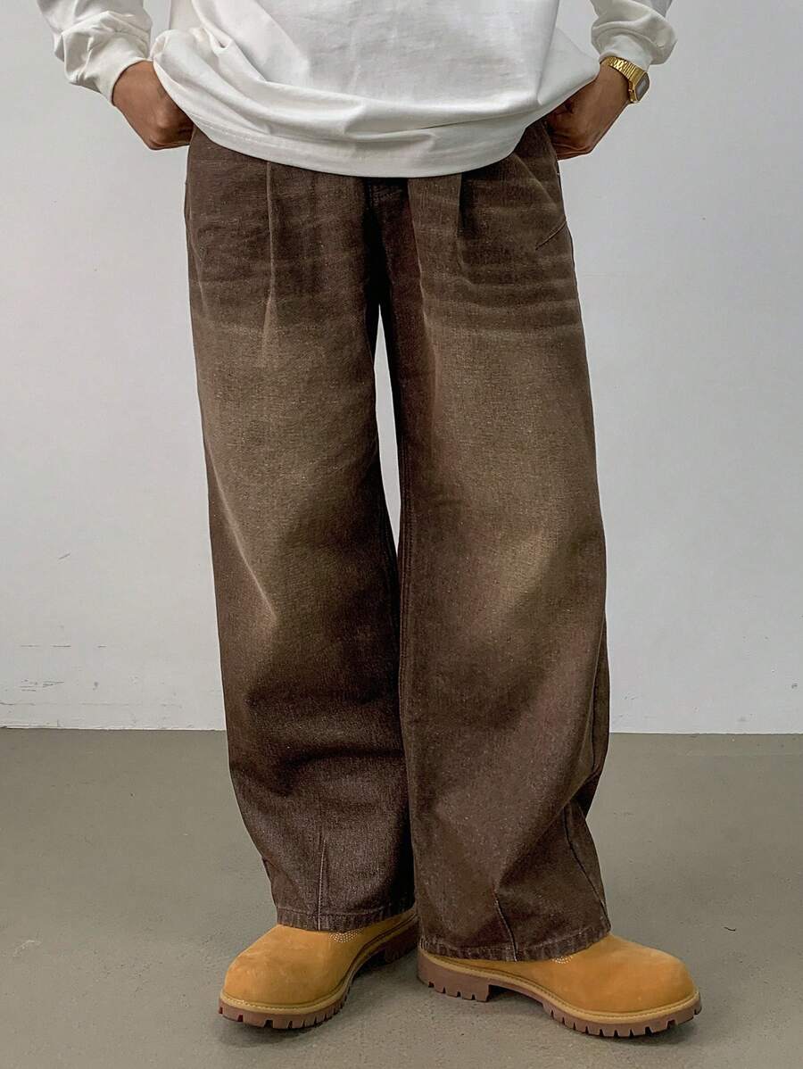 DAZY 男士宽松纯色休闲阔腿牛仔裤，秋季，返校服装 - 棕色 - 查看 1