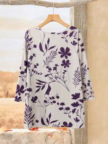 EMERY ROSE Große Größen Damen Blumen Muster Rundhals Locker Sitzende Langarm T-Shirt