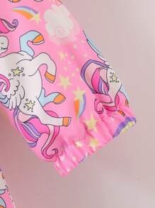 Elladie kids 年轻女孩可爱休闲连帽束腰独角兽和彩虹印花保暖内衬风衣夹克 - 粉色 - 查看 3
