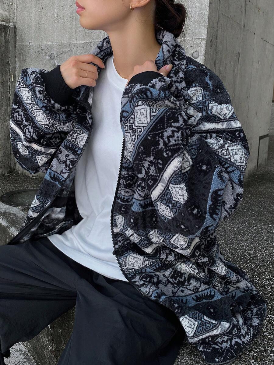 FRIFUL Women's Casual Geometric Pattern High Neck Zipper Front Regular Jacket Women Coats - Khaki - View 1