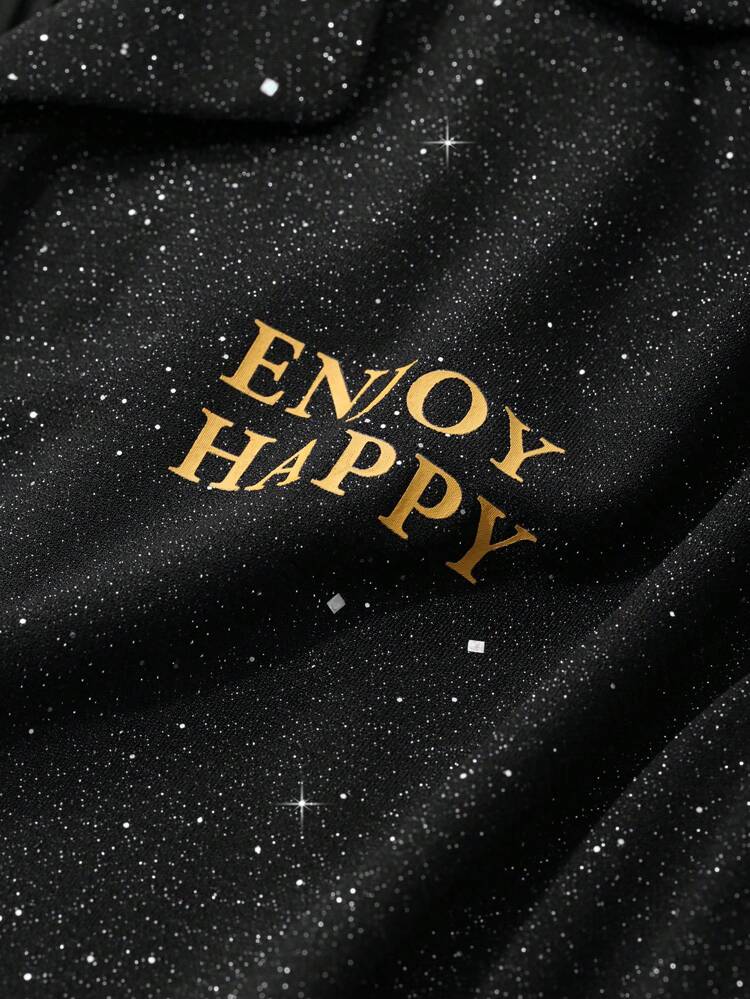 Sequin Letter Print Long Sleeve Pajamas Set