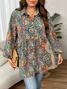 SHEIN LUNE Áo cánh tay đèn lồng in họa tiết Paisley cỡ lớn, giản dị, mùa thu - Nhiều màu - Xem 5
