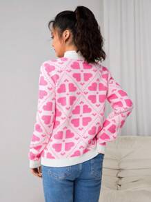 Teen Girl Pink Four-Leaf Clover Plush Warm & Soft Yarn Colorblock Stand Collar Sweater, Suitable For Outings, Gatherings, Parties, Warm For Autumn/Winter - Pink - View 2