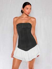 Glamine Gaun Wanita Tanpa Lengan Berlipit Asimetris dengan Hemline Berkerut, Model Tube, Cocok untuk Pesta dan Acara Kantor, Musim Semi/Panas/Gugur - Grey - View 5