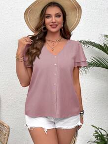 SHEIN VCAY 大码荷叶边 V 领短袖度假衬衫 - 淺灰紫 - 查看 4