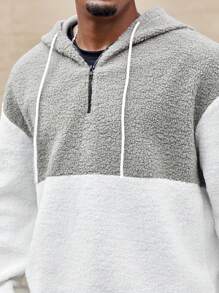 Manfinity CasualCool Plus Size Men's Contrast Color Fluffy Drop Shoulder Loose Drawstring Hooded Sweatshirt, Casual For Autumn/Winter