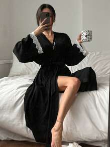 DAZY V-Neck Waist Tied Embroidered Decoration Loose Long Sleeve Robe Pajama - Black - View 1