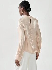 SHEIN Unity Solid Color Pleated Collar Elegant Long Sleeve Blouse - Apricot - View 3