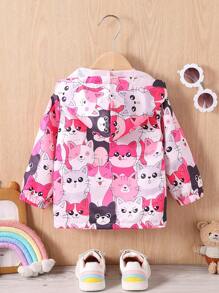 Baby Girl Cartoon Pattern Hooded Full Zip Long Sleeve Jacket - Hot Pink - View 2