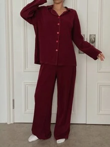 DAZY Women Simple Single-Breasted Knit Top & Pants Comfortable Home Cozy Outfit Lounge Set, Fall Winter Clothes Pajama