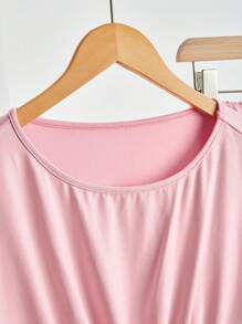 SHEIN Essnce 2pcs Women Autumn Solid Color Drop Shoulder Long Sleeve Drawstring Hem Top And Pleated Loose Pants Casual Set - Pink - View 4