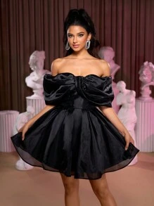 Lovelzi Elegant Romantic Classic Black Organza Fabric Big Bow Sleeves One Shoulder Puffy Skirt Back Strap Party Dance Evening Halloween Formal Prom Dress, Semi Formal Dress, For Birthday, Wedding Guest, Graduation Homecoming - Black - View 3