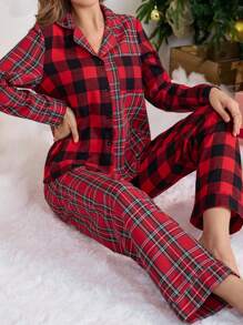 Women's Casual Red Plaid Long Sleeve Lapel Button Front Pajama Set With Pockets For Lounging And Sleepwear - Multicolor - View 4
