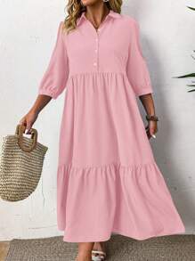 EMERY ROSE Plus Size Solid Color Ruffle Hem Button Front Casual Dress Maxi Women Outfit BASICS - Pink - View 4