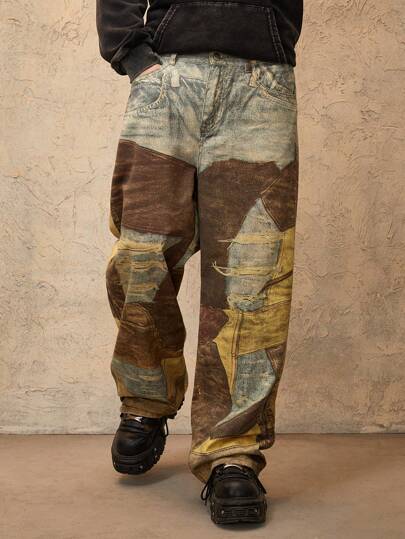 Grunge Punk Jeans décontracté ample et ample à jambes larges avec couleur contrastée pour hommes